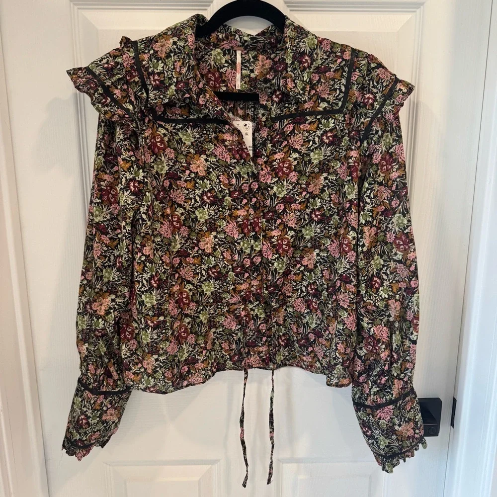 Free People NWT Daybreak Blouse Floral Long Sleeve Ruffles